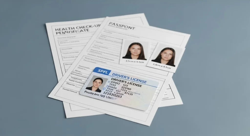 운전면허 적성검사 갱신 온라인 - 운전면허 갱신에 필요한 운전면허증, 증명사진 2매, 건강검진결과서가 깔끔하게 놓여있는 모습